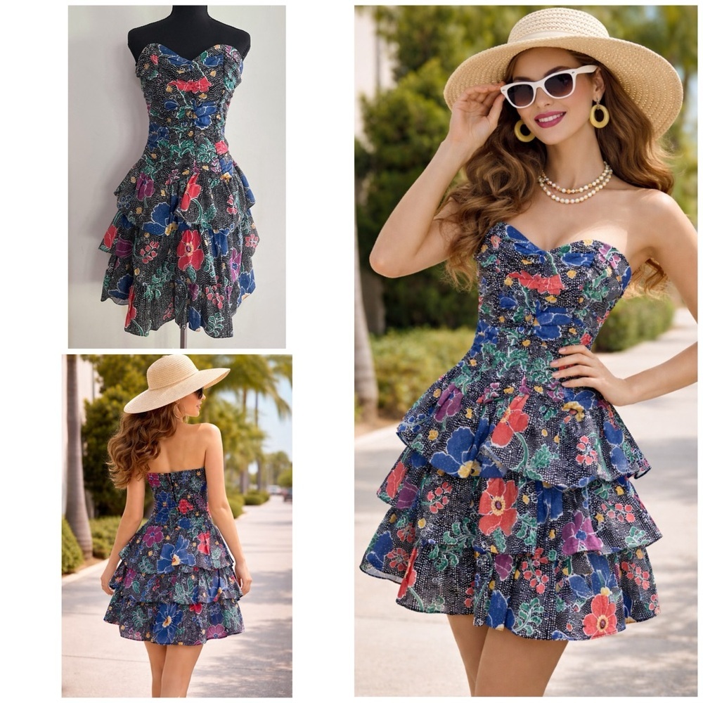 Vintage NWT Deadstock 90s My Michelle Dots Floral Strapless Tiered Ruffle Dress​